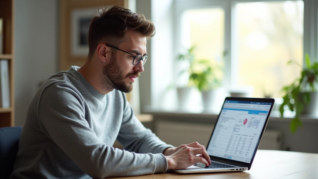 Žmogus analizuoja finansines ataskaitas nešiojamajame kompiuteryje, pažiūrėdamas į grafiką su pajamų augimo tendencija